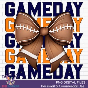 Game Day PNG | Football Sublimation | Commercial Use Print on Demand | Coquette Bow | Team Designs | Sports Design | Navy and Orange Clipart