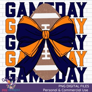 Game Day PNG | Football Sublimation | Commercial Use Print on Demand | Coquette Bow | Team Designs | Sports Design | Navy and Orange Clipart