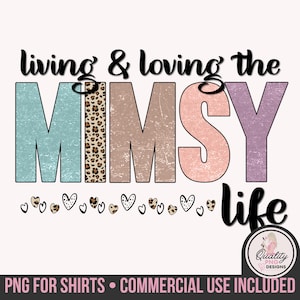 Op de afbeelding: Digitaal ontwerp met de tekst "living & loving the MIMSY life". Het woord "MIMSY" staat centraal, met een luipaardprint sectie. Het ontwerp bevat hartafbeeldingen en een logo rechtsonder.
