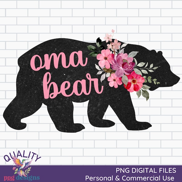 Oma Bear PNG | Oma Bear Digital Download | Vintage Watercolor Floral Image  | Commercial Use | DTG Sublimation File | Mothers Day Design