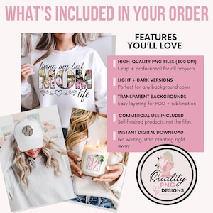 May include: Image featuring a white sweatshirt with "living my best MOM life" in floral design. Also shown is a white baseball cap with a pattern and a candle with "MA MA" text. Text on the image includes "Features You'll Love" and "Quality PNG Designs".