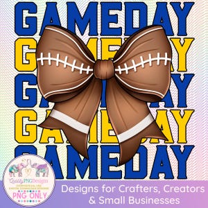 Football Sublimation, Game Day PNG, Commercial Use Print on Demand, Coquette Bow Design, Team Sports, Royal Blue and Yellow Clipart