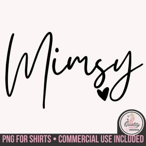 Op de afbeelding: Zwarte cursieve tekst "Wimsy" met een klein zwart hart. De afbeelding bevat de tekst "PNG VOOR SHIRTS • COMMERCIEEL GEBRUIK INBEGREPEN" onderaan en een logo rechtsonder.