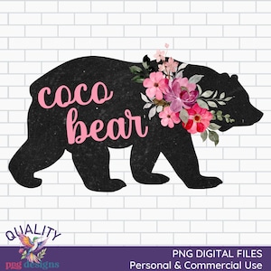 Coco Bear PNG | Coco Bear Digital Download | Vintage Watercolor Floral Image  | Commercial Use POD DTG Sublimation File | Mothers Day Design