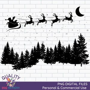 Op de afbeelding: Zwarte silhouet van Sinterklaas en rendieren die over een besneeuwd bos vliegen met een halve maan in de lucht.