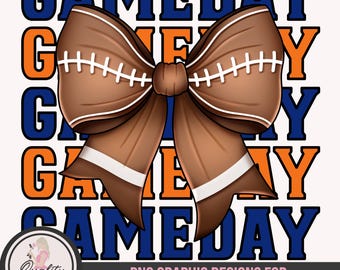 Football Sublimation, Game Day PNG, Commercial Use Print on Demand, Coquette Bow, Team Sports Design, Blue and Orange Clipart