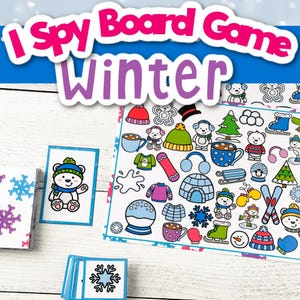 Peut inclure: Un jeu de société I Spy coloré sur le thème de l'hiver. Le plateau de jeu présente une variété d'images sur le thème de l'hiver, notamment des bonhommes de neige, des flocons de neige, des pingouins et des vêtements d'hiver. Le jeu comprend un jeu de cartes avec des images des objets sur le plateau. Les joueurs doivent trouver les objets sur le plateau qui correspondent aux cartes.