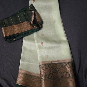 Pure Banarasi kora organza silk mark certified Pista green with Bottle green combo for traditional and party wear