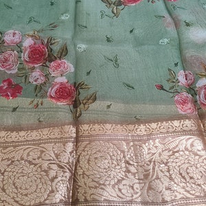 Floral print in Kora silk saree with Kanchi border
