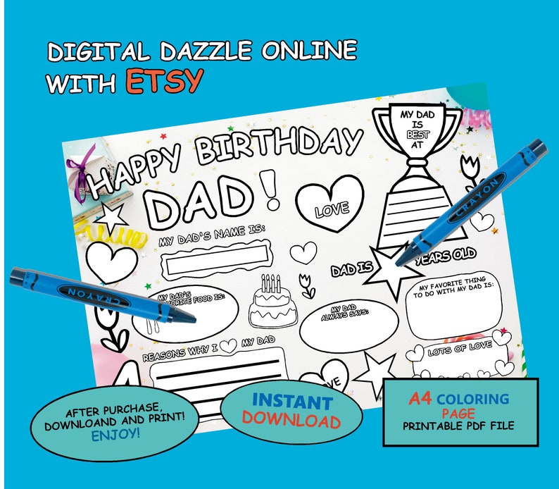 Happy Birthday DAD Coloring Page, Printable All About Dad Fill in ...