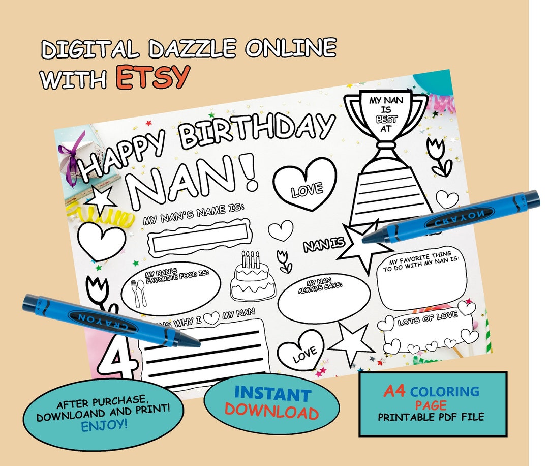 Happy Birthday NAN Coloring Page Printable All About Dad Fill - Etsy