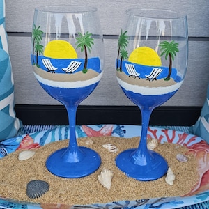 Hand Painted Beach Theme Wine Glass Set