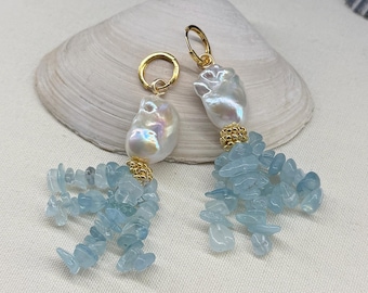 Pendientes llamativos de primavera y verano en tonos oceánicos / Perla barroca y aguamarina hechos a mano, joyería orgánica S925