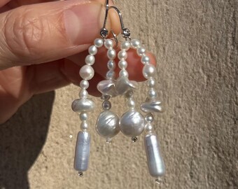 Pendientes de gancho de perla de agua dulce orgánica originales, hechos a mano, diseño ligero y fluido.