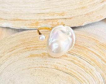 Anillo de perla barroca artesanal, joya llamativa con perla natural de agua dulce, banda ajustable de plata de ley.