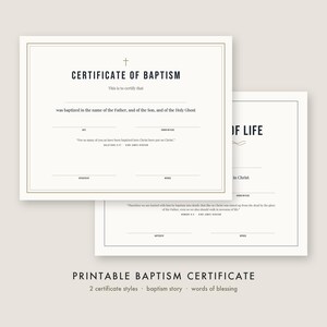 May include: Two off-white rectangular baptism certificates with black text and thin gold borders. The top certificate features a cross icon and the title CERTIFICATE OF BAPTISM, while the second certificate displays the text OF LIFE.