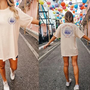 two pictures of a woman walking down a street