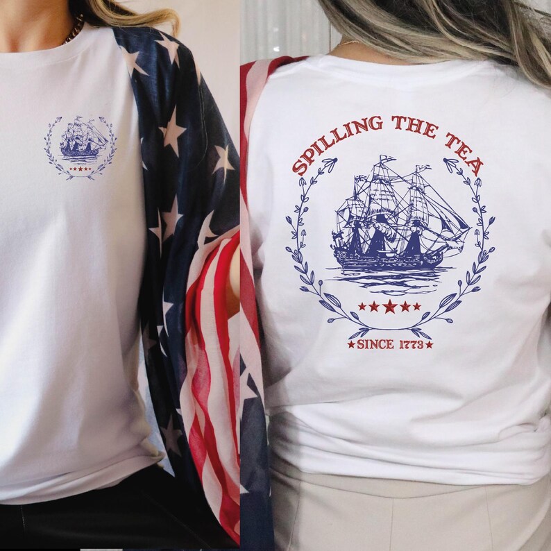 two women wearing matching shirts with a flag