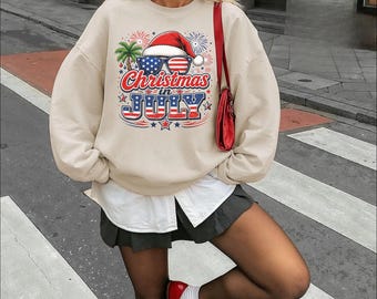 Christmas in July Sweatshirt, USA Flag Hoodie, Summer Holiday Sweater, Patriotic Festive Gift