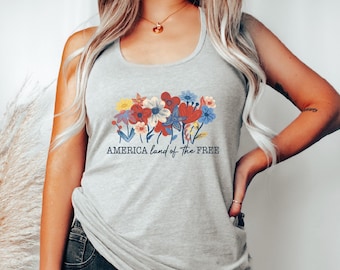 America Land of the Free Racerback and Vneck Shirt, 4th of July Floral Tee, Patriotic Wildflower Graphic, USA Freedom Racerback VLB1122