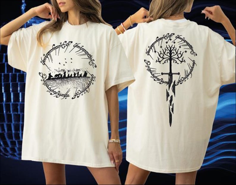 two white t-shirts with black designs on the back.