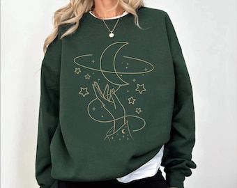 Mystical Moon Sweatshirt, Celestial Magic Hoodie, Stars and Moon Sweater, Spiritual Witchy Gift, Halloween Sweatshirt