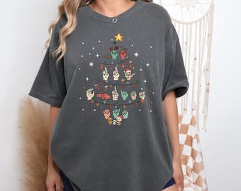 Sign Language Christmas Tree Shirt, Merry Christmas ASL Shirt, Hand Language Xmas Shirt, Deaf Awareness Gift VLB827