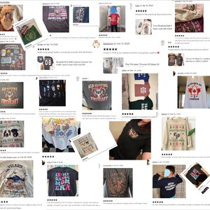 The image is a collage of various t-shirt designs, featuring different patterns, colors, and styles. The t-shirts are displayed in a grid format, with each image showcasing a unique design. The collage includes images of people wearing the t-shirts, as well as images of the t-shirts themselves. The overall layout and arrangement of the images create a visually appealing and diverse collection of t-shirt designs.