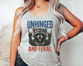 4th of July Raccoon Racerback and V-neck Shirt, Unhinged and Feral Animal Tee for Women, Cute Wild America Party Graphic Racerback VLB1125