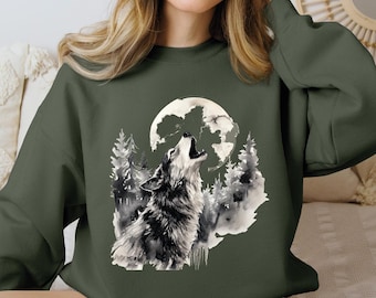 Wolf Howling in the Moonlight Sweatshirt & Hoodie , Wolf and Moon  Sweatshirt, Wolf Howling in the Forest,  VLB737