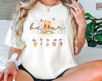 Comfort Colors Custom Winnie the Pooh Mama Bear Shirt, Personalized Grandma Bear Tee with Kids’ Names, Mother’s Day Gift