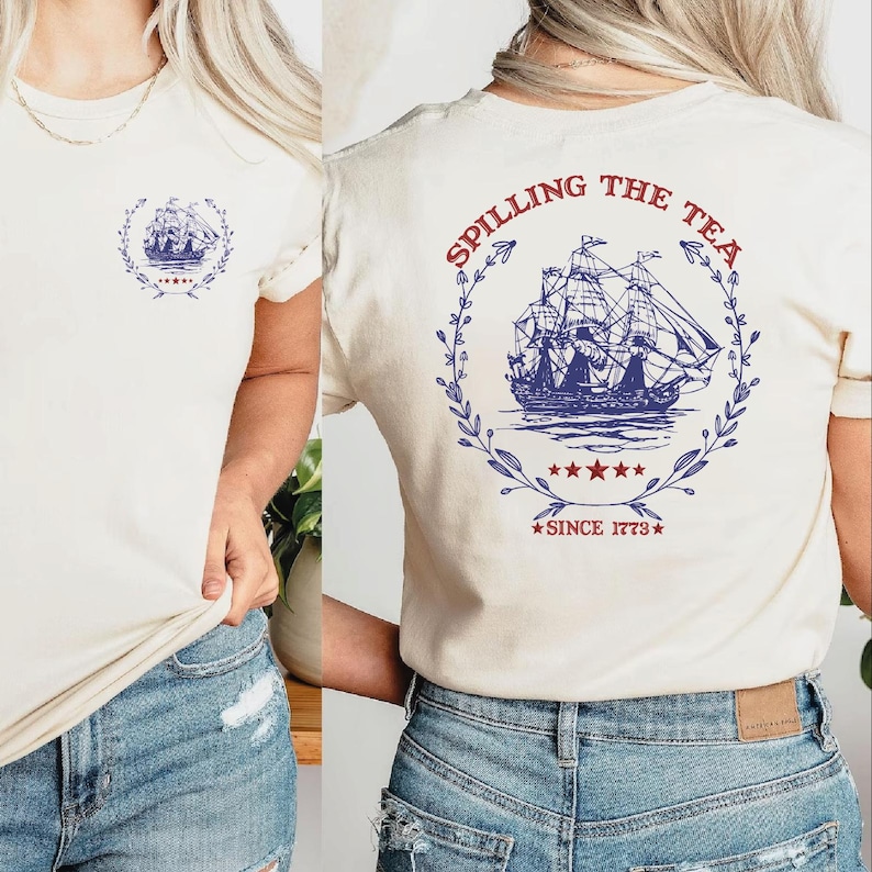 a woman wearing a t - shirt that says sailing the tea since it's