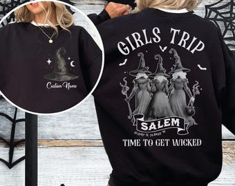 Custom Halloween Group Sweatshirt & Hoodie, Witchy Girls Trip Sweatshirt, Salem Themed Custom Witch Hat Tee Sweatshirt, Matching Tee VLB1164