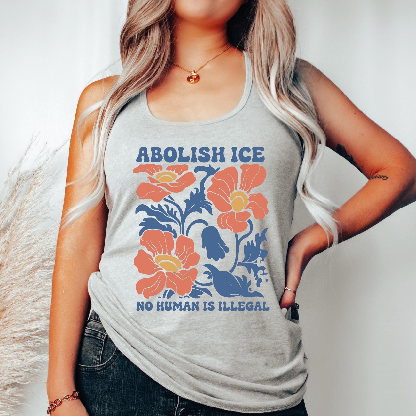 Floral Abolish ICE Human is Illegal Racerback &Top Tank , Resistance Racerback, Anti-Trump Activist Wear, No Human is Illegal Top VLB1026