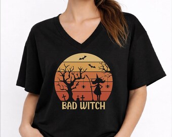 Bad Witch V-Neck Shirt, Spooky Halloween Racerback Tank, Retro Witch Top, Autumn Gift