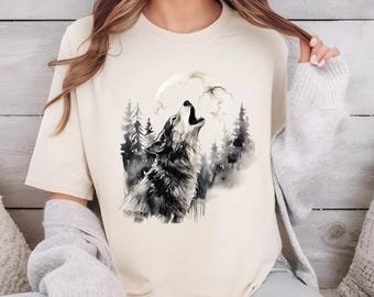 Wolf Howling in the Moonlight Comfort Colors Shirt ,Wolf and Moon  Shirt, Wolf Howling in the Forest,  VLB737