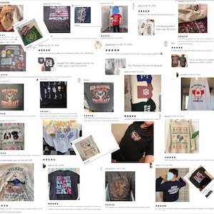 The image is a collage of various t-shirt designs, featuring different patterns, colors, and styles. The t-shirts are displayed in a grid format, with each image showcasing a unique design. The collage includes images of people wearing the t-shirts, as well as images of the t-shirts themselves. The overall layout and arrangement of the images create a visually appealing and diverse collection of t-shirt designs.