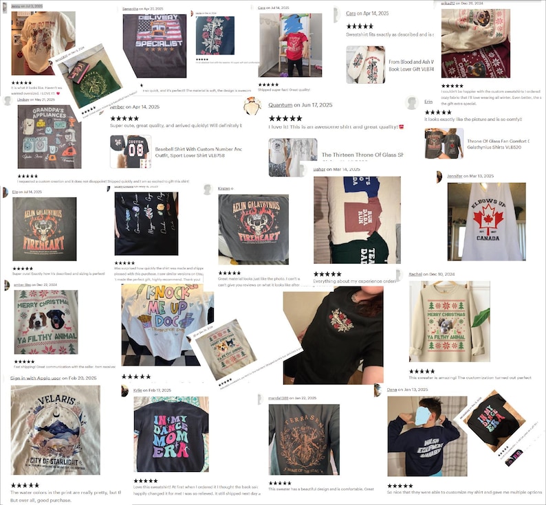 The image is a collage of various t-shirt designs, featuring different patterns, colors, and styles. The t-shirts are displayed in a grid format, with each image showcasing a unique design. The collage includes images of people wearing the t-shirts, as well as images of the t-shirts themselves. The overall layout and arrangement of the images create a visually appealing and diverse collection of t-shirt designs.