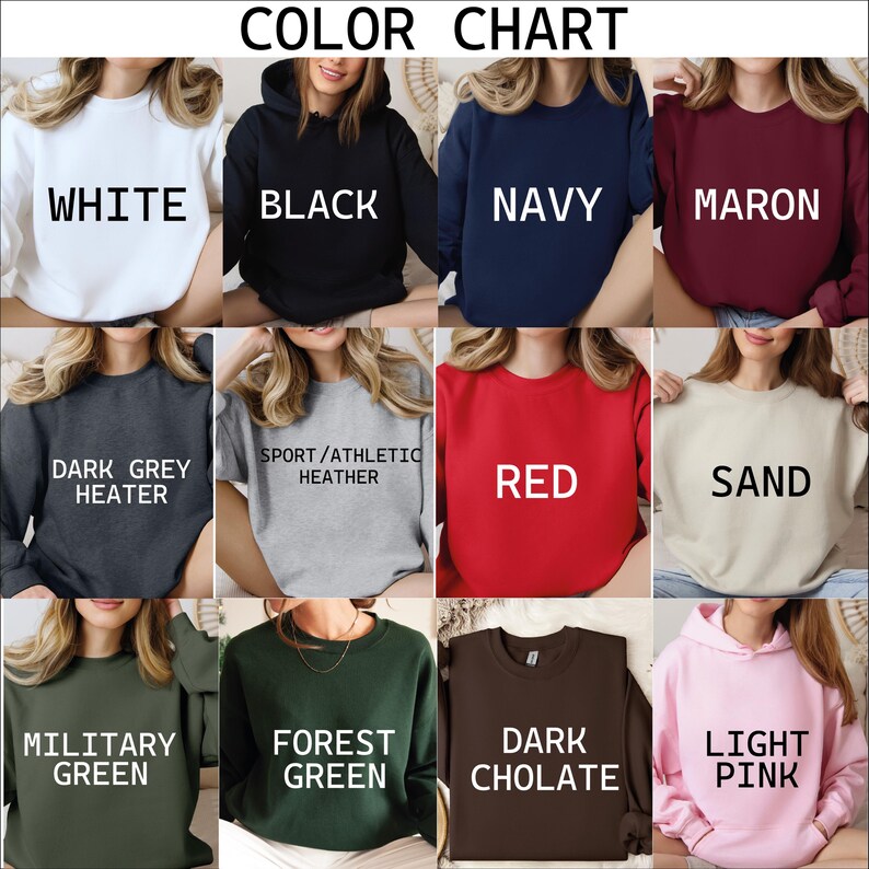 The image is a color chart displaying various color options for tops, including white, black, navy, maroon, dark grey, sport/athletic heater, red, sand, military green, forest green, and light pink.