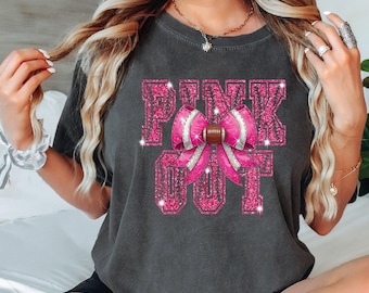 Pink Out Football Shirt for Women with Glitter Effect, Breast Cancer Awareness Game Day Tee, Cheer Spirit Bow Graphic T-Shirt VLB1205