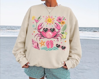 Funny Pink Crab Beach Sweatshirt, Summer Crab Hoodie, Summer Vacation Gift, Beach Vacation Sweater