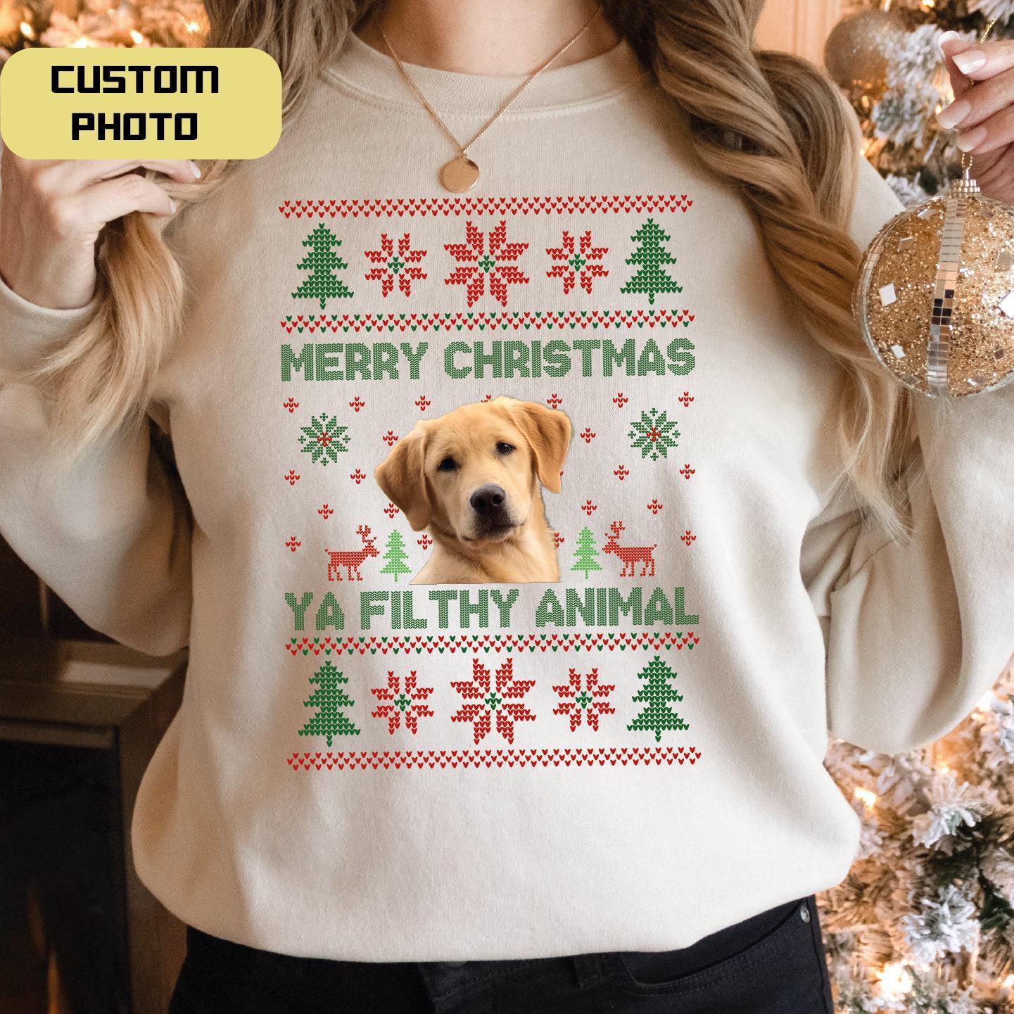 Custom Photo Merry Christmas Ya Filthy Animal Dog Cat Sweatshirt, Dog Lover Sweater, Funny Xmas Hoodie, Xmas Gift For Animal Lover VLB132