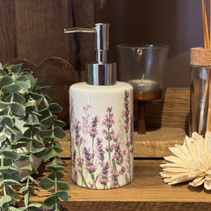 Beautiful Lavender Decoupaged Ceramic Soap Dispenser.