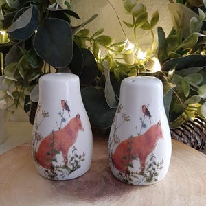 Puede incluir: Un juego de dos saleros y pimenteros de cerámica con un diseño de zorro y pájaro. Los saleros son blancos con un zorro marrón y un pájaro rojo en cada uno.