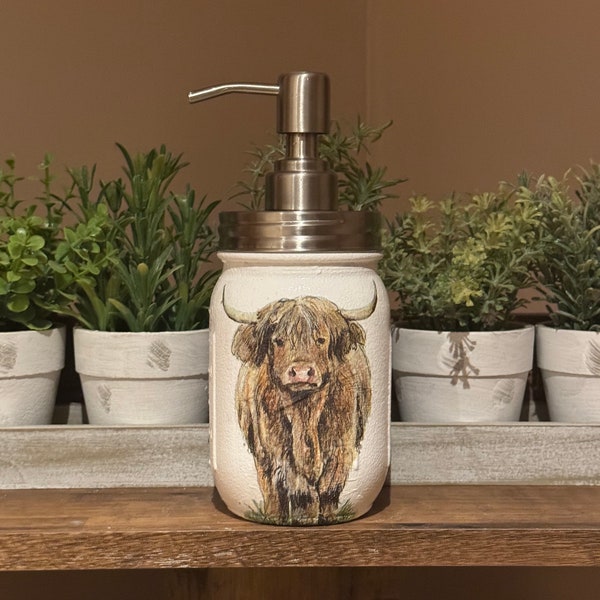 Magnifique bocal en verre découpé/distributeur de savon Highland Cow.