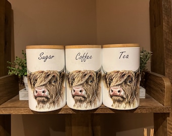 Stunning Highland cow Tea, coffee, sugar jars