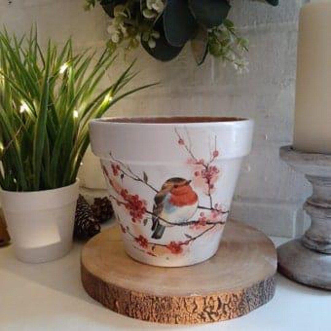 Robin Decoupaged Stunning Robin Decoupaged Terracotta Pot. Suitable for Indoor and ...