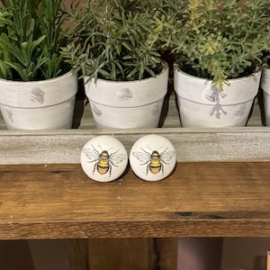 May include: Two white ceramic drawer knobs with a bee design. The bees are yellow and black with brown wings. The knobs are on a wooden shelf with green plants in white pots.