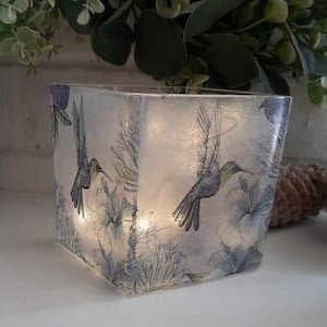 Hummingbird and blue floral Square glass Tealight Holder/Nightlight. Available with or without battery fairy lights.