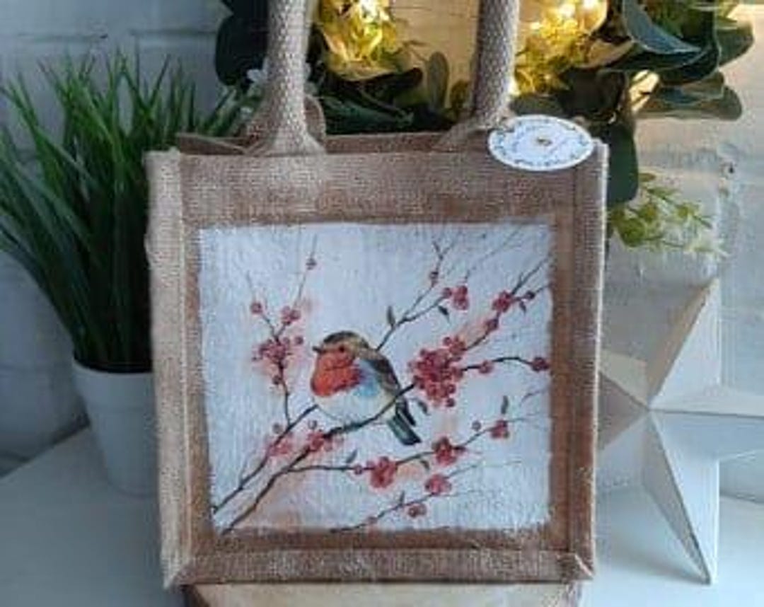 Robin Decoupaged Stunning Robin Decoupaged Jute Bag. - Etsy Australia